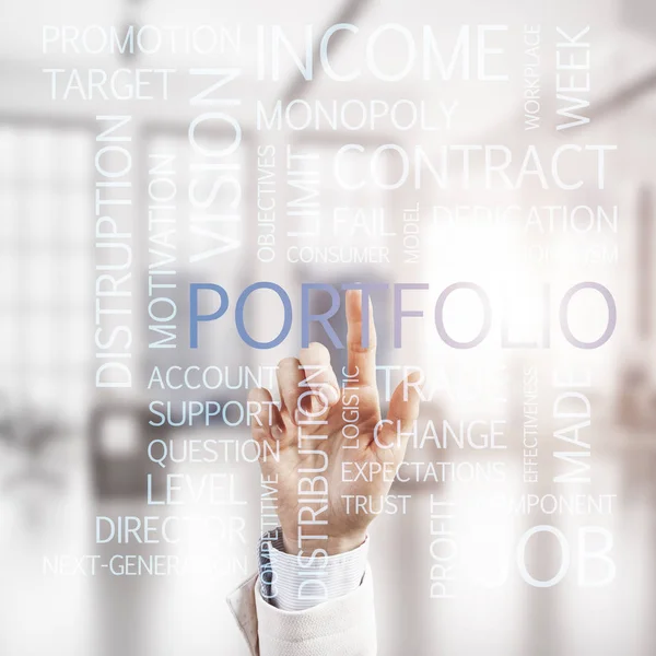 Close Businesswoman Hand Touching Finger Screen Business Conceptual Words — Stock Photo, Image