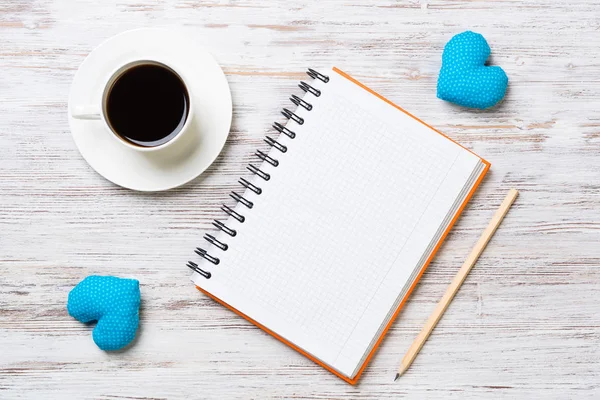 Coffee Cup Notepad Pencil Two Hearts Wooden Surface — Stock Photo, Image