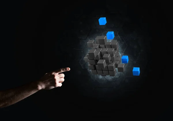 Proche Homme Main Tenant Cube Figure Comme Symbole Innovation Rendu — Photo