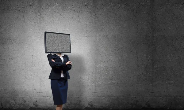 Business Woman Suit Instead Head Keeping Arms Crossed While Standing — Stock Photo, Image