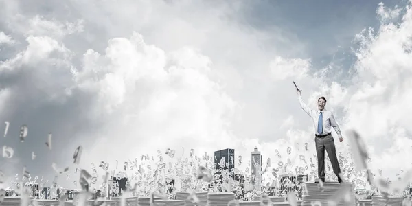 Businessman Keeping Hand Book While Standing Flying Letters Cloudly Sky — Stock Photo, Image