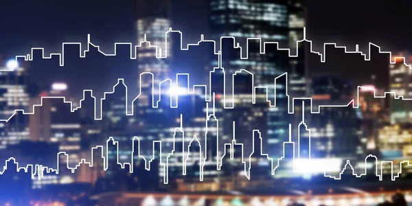 Modern night city scape glowing with lights and its drawn silhouette