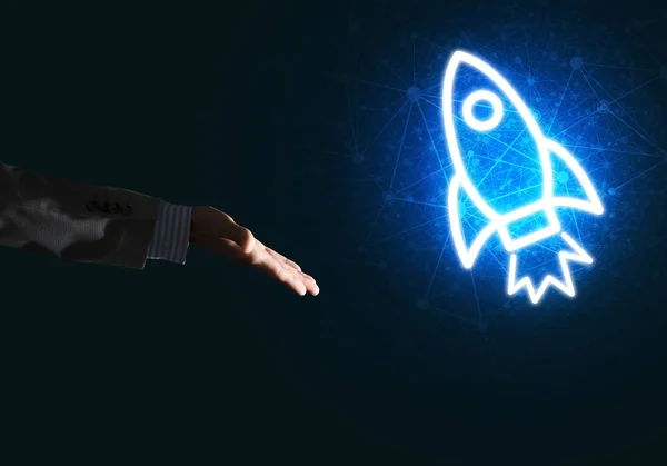 Rocket Glowing Icon Businessman Hand Dark Background — Stock Photo, Image