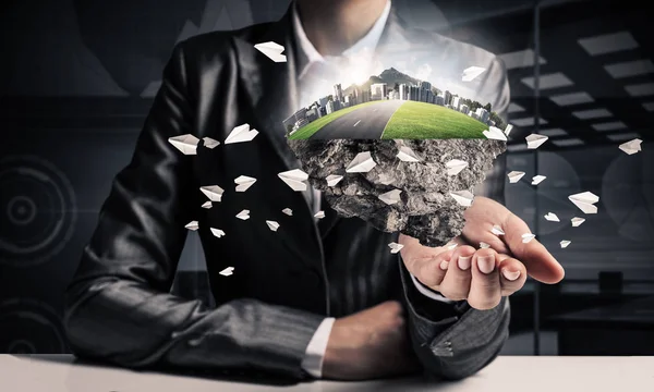 Businessman Suit Keeping Green Island Skycraper City Flying Paper Planes — Stock Photo, Image