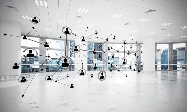 Lines connected with dots as social communication concept in office interior. 3D rendering