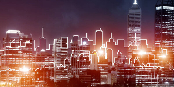Modern night city scape glowing with lights and its drawn silhouette
