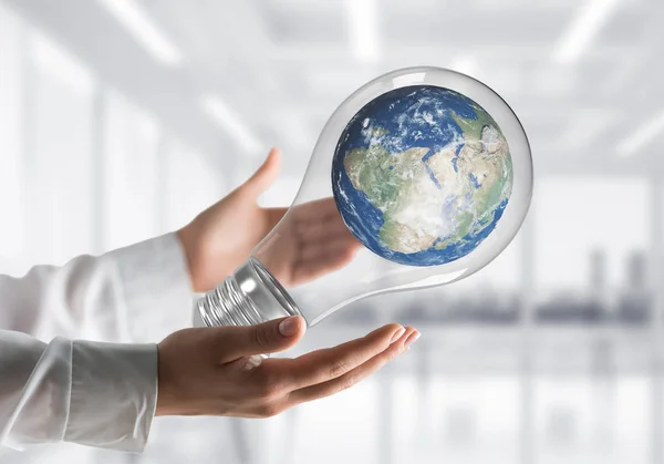 Cropped Image Businessman Shirt Holding Lightbulb Earth Globe Hands Office — Stock Photo, Image