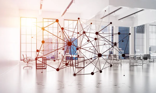 Lines connected with dots as social communication concept in office interior. 3D rendering