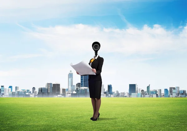 Elegant Businesswoman Outdoors Papers Hands Camera Instead Head — Stock Photo, Image