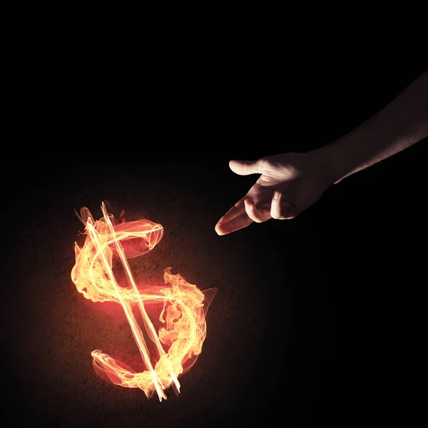 Close Man Hands Pointing Fire Glowing Dollar Sign — Stock Photo, Image