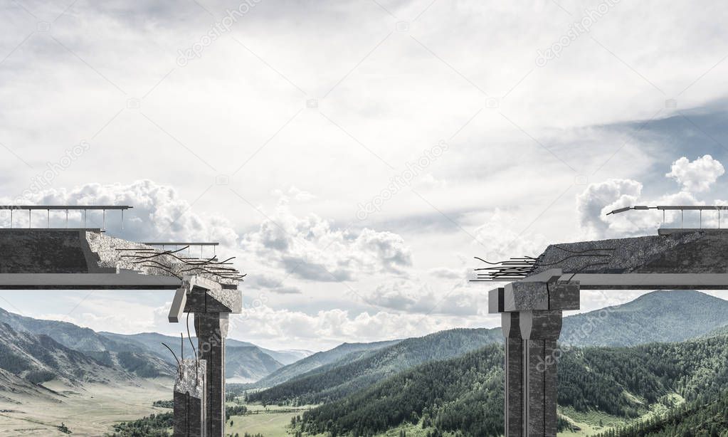 Broken concrete bridge with beautiful nature landscape, high mountains and cloudly skyscape on background. 3D rendering.
