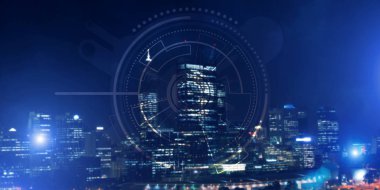 Gece parlayan şehre karşı sanal arayüzü olan arkaplan kavramsal görüntüsü