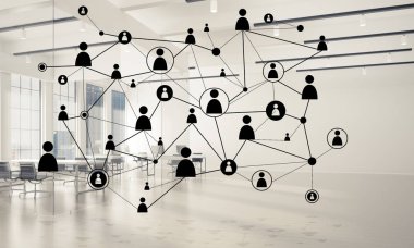 Noktalarla bağlantılı çizgiler ofis içi sosyal iletişim konsepti olarak. 3B görüntüleme