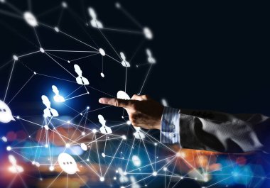 Koyu arkaplan üzerinde sosyal bağlantı çizgileri olan arkaplan kavramsal resmi