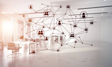 Noktalarla bağlantılı çizgiler ofis içi sosyal iletişim konsepti olarak. 3B görüntüleme