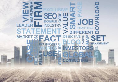 Şehir planında anahtar sözcükler kolajına sahip modern iş kavramı