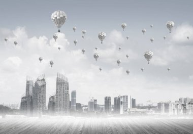 Sis ve balon gökyüzünde modern cityscape gökdelenler ve Binalar ile kaplı