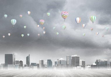 Sis ve balon gökyüzünde modern cityscape gökdelenler ve Binalar ile kaplı