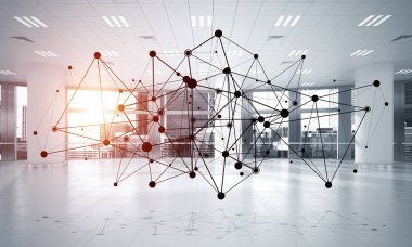 Noktalarla bağlantılı çizgiler ofis içi sosyal iletişim konsepti olarak. 3B görüntüleme