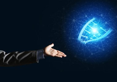 Dna molekülü araştırma kavram olarak sunulması iş adamı el kapatın. Karışık teknik