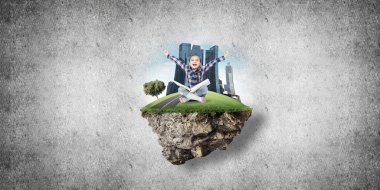 Eko kavramı yüzen ada ve kitap üzerinde oturan kızla mutlu bir çocukluk