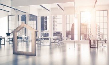 Gayrimenkul ve zarif ofis tasarımının sembolü olarak ev taşı figürü. 3d oluşturma