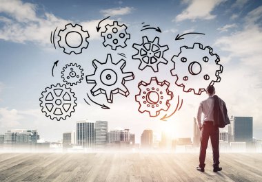 Modern şehre bakan ve vites düzeneği çizen işadamlarının arka planı