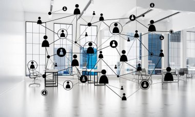 Noktalarla bağlantılı çizgiler ofis içi sosyal iletişim konsepti olarak. 3B görüntüleme