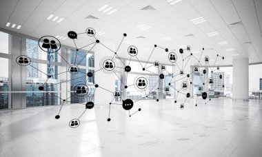 Noktalarla bağlantılı çizgiler ofis içi sosyal iletişim konsepti olarak. 3B görüntüleme