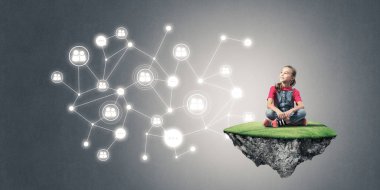 Ada ve sosyal bağlantı kavramı uçan üzerinde oturan sevimli kız