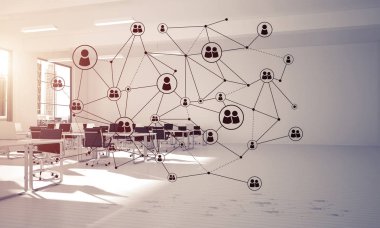Noktalarla bağlantılı çizgiler ofis içi sosyal iletişim konsepti olarak. 3B görüntüleme