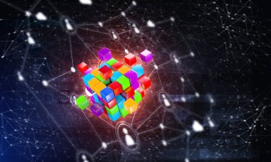 Küp şekli ve sosyal bağlantı çizgileri olan kavramsal arkaplan resmi. 3d oluşturma