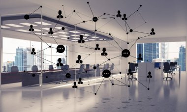 Noktalarla bağlantılı çizgiler ofis içi sosyal iletişim konsepti olarak. 3B görüntüleme