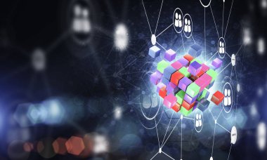 Küp şekli ve sosyal bağlantı çizgileri olan kavramsal arkaplan resmi. 3d oluşturma