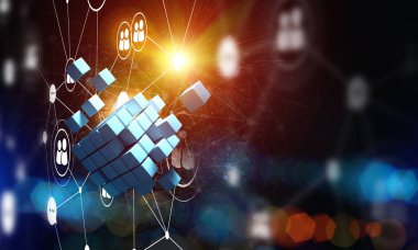 Küp şekli ve sosyal bağlantı çizgileri olan kavramsal arkaplan resmi. 3d oluşturma