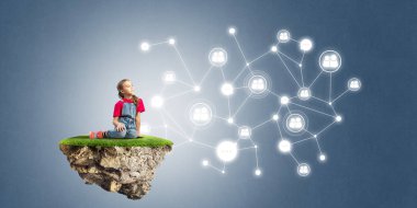 Ada ve sosyal bağlantı kavramı uçan üzerinde oturan sevimli kız