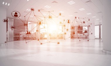 Noktalarla bağlantılı çizgiler ofis içi sosyal iletişim konsepti olarak. 3B görüntüleme