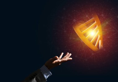 Dna molekülü araştırma kavram olarak sunulması iş adamı el kapatın. Karışık teknik