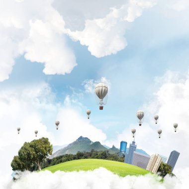 Kent manzaralı kule ve gökdelen yeşil uçan ada. Aerostates ve mavi bulutlu gökyüzü arka plan üzerinde uçan. 3D render.