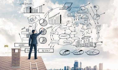 İş başarı planı çizim arka olan genç adam. Karışık teknik