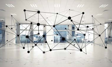 Noktalarla bağlantılı çizgiler ofis içi sosyal iletişim konsepti olarak. 3B görüntüleme