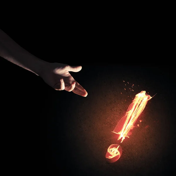 Hands Reaching Each Other Fire Glowing Exclamation Mark — Stock Photo, Image