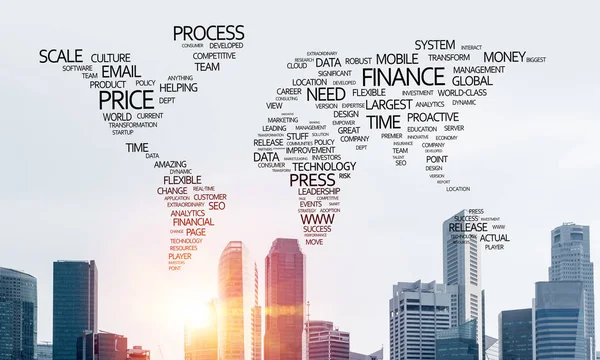 Business Related Terms Collage Form World Map Modern Cityscape Sunlight — Stock Photo, Image