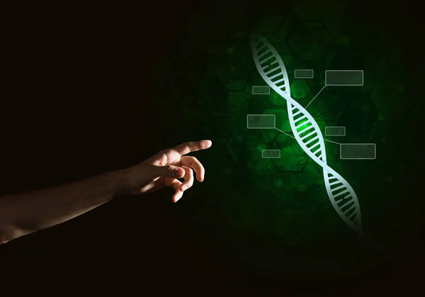 Close Man Hand Presenting Dna Molecule Research Concept Mixed Media — Stock Photo, Image