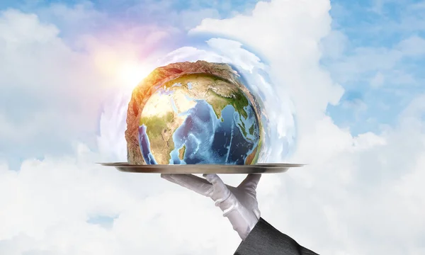 Cropped Image Waitress Hand White Glove Presenting Earth Globe Metal — Stock Photo, Image