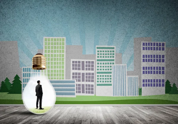Businessman Light Bulb City Drawn Concept — Stock Photo, Image