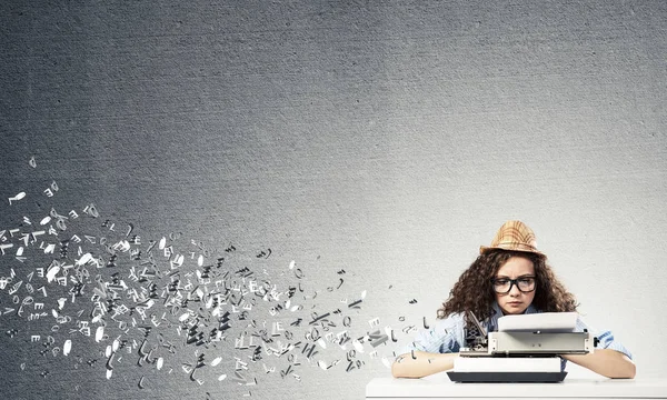Young Beautiful Woman Writer Hat Eyeglasses Using Typing Machine While — Stock Photo, Image