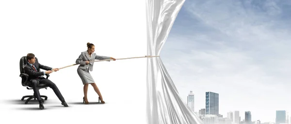 Two Businesspeople Pulling White Blank Fabric Rope — Stock Photo, Image