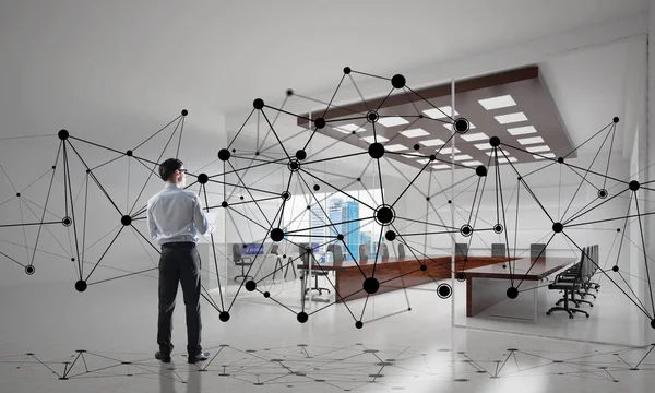 Elegant Businessman Modern Office Interior Social Connection Concept Mixed Media — Stock Photo, Image