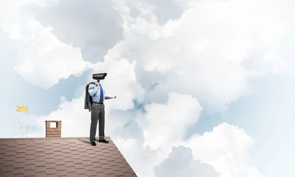 Faceless Businessman Camera Zoom Instead Head Standing House Roof — Stock Photo, Image